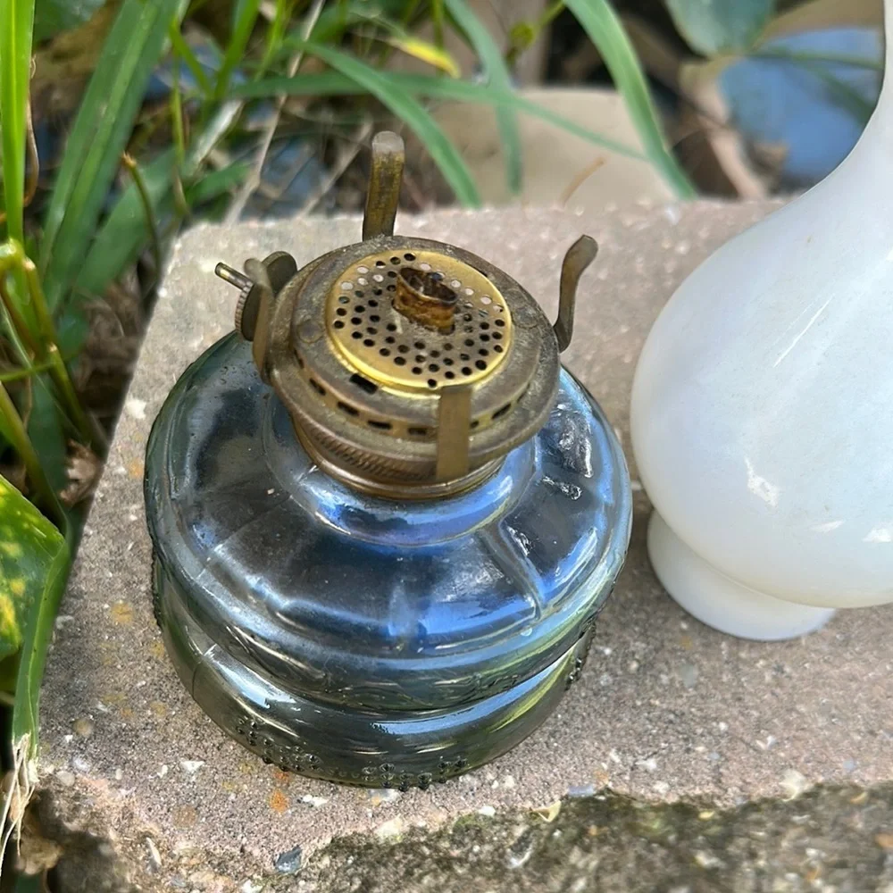 Vintage Three Star brand Glass Oil Lamp with White and Blue Accents